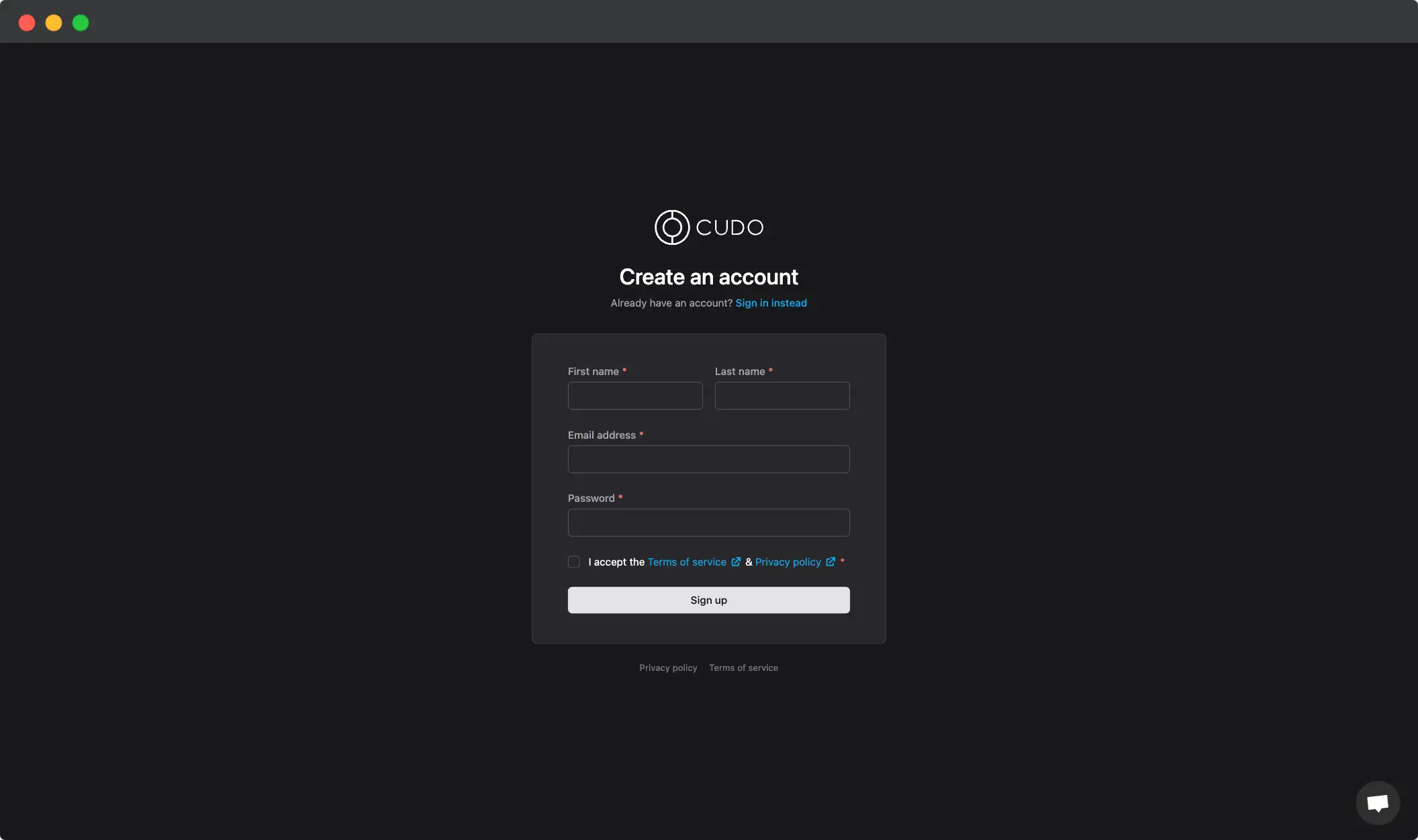 A screenshot of the account creation process on Cudo Compute