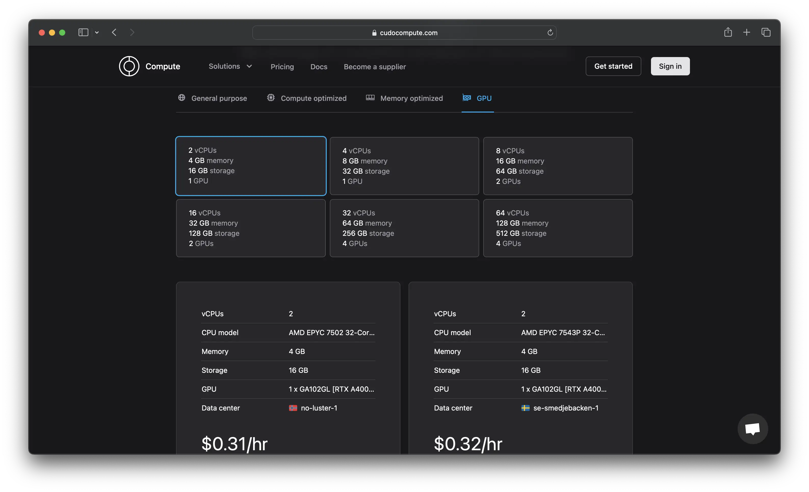 Screenshot of the CUDO Compute platform's new pricing page