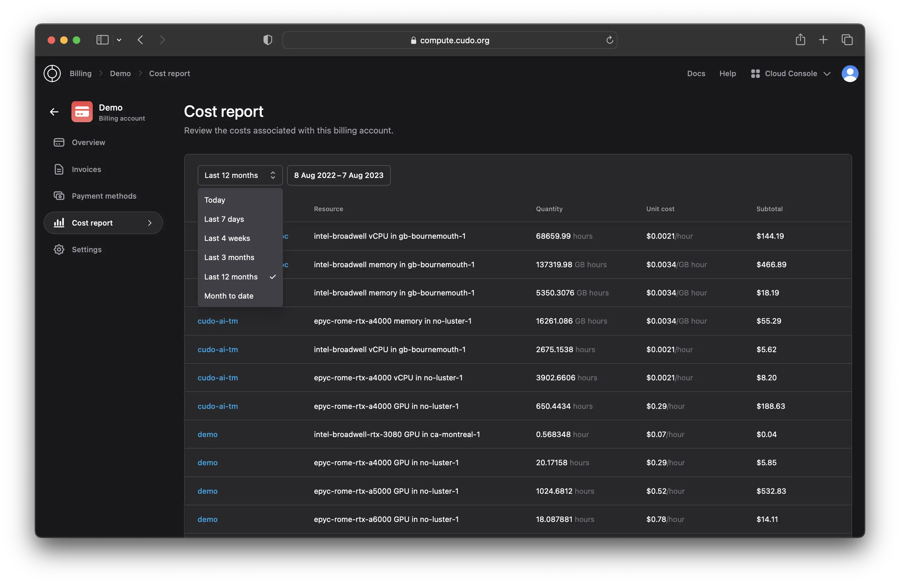 Screenshot of Cudo Compute's cost reporting feature