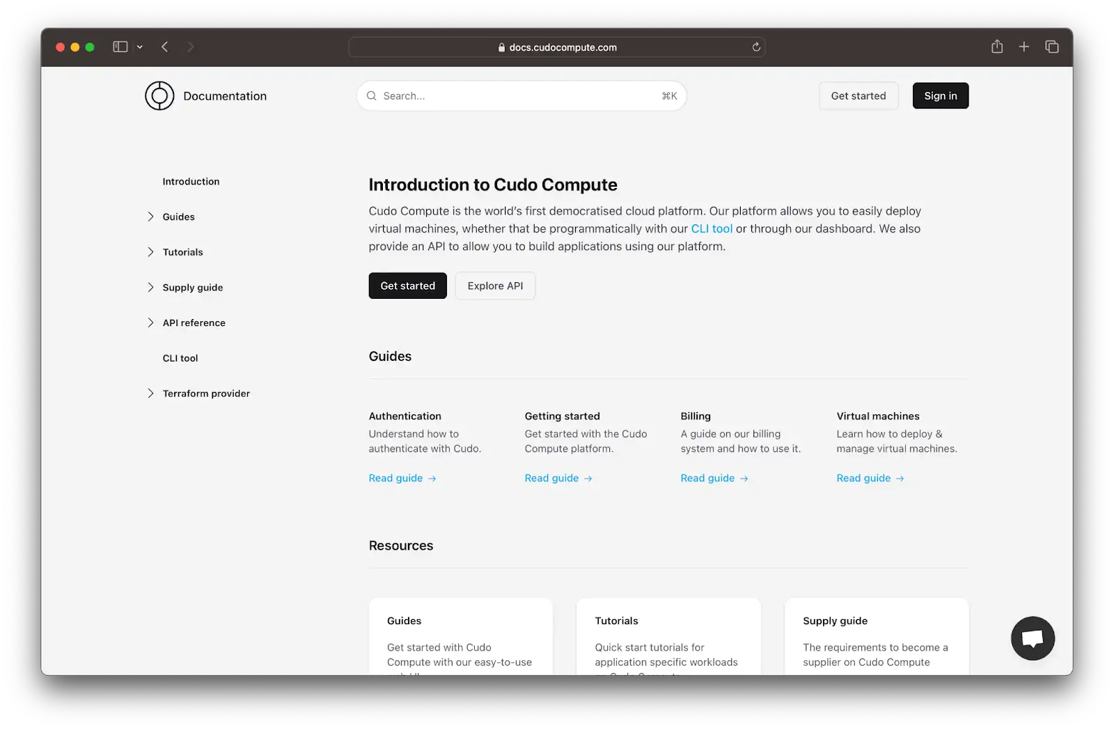 A screenshot of the Cudo Compute platform's documentation portal