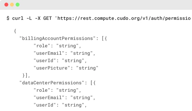 A terminal using a curl command to interact with the Cudo Compute API