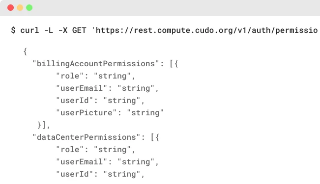 A terminal using a curl command to interact with the CUDO Compute API