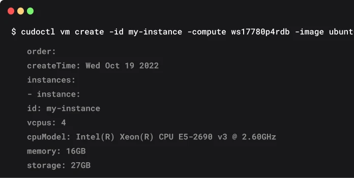 A terminal using the CUDO Compute CLI tool to deploy a virtual machine