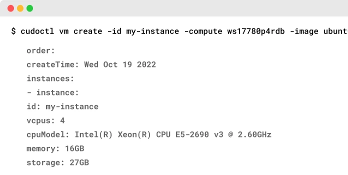 A terminal using the CUDO Compute CLI tool to deploy a virtual machine